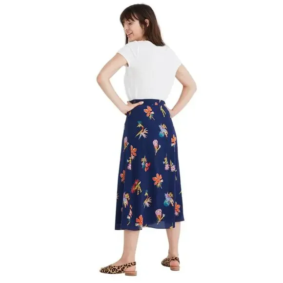 Madewell Atrium Silk Skirt Bird of Paradise Floral Navy Women's 10 Resort Euro - Picture 2 of 16